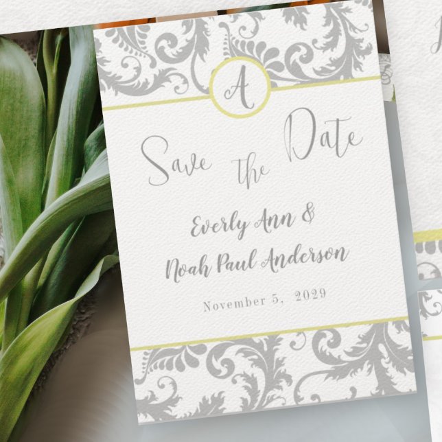 Light Grey Damask Bight Yellow Wedding Invitation (Creator Uploaded)