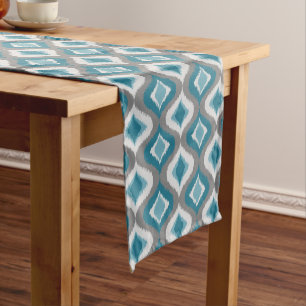 Light Grey Dark Teal Blue Green Ikat Ogee Pattern Short Table Runner