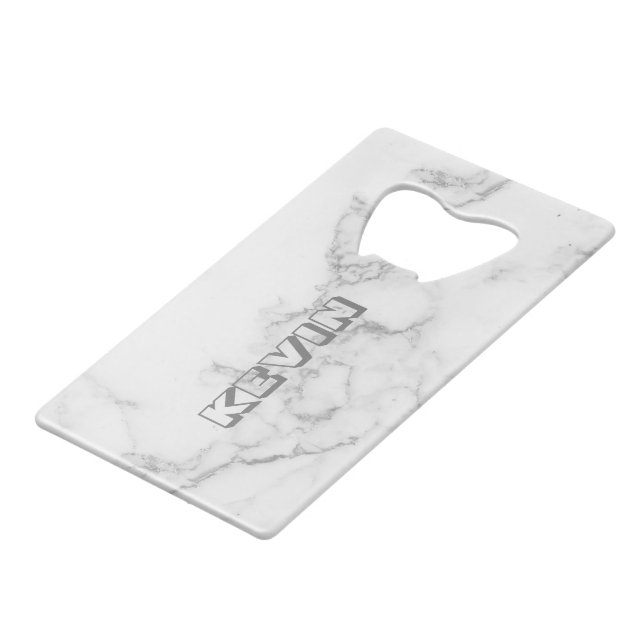 Light-grey faux marble credit card bottle opener (Back Angled)