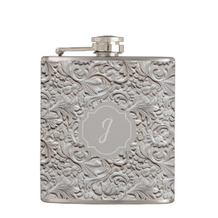 Light Grey Faux Tooled Leather Vinyl  Hip Flask