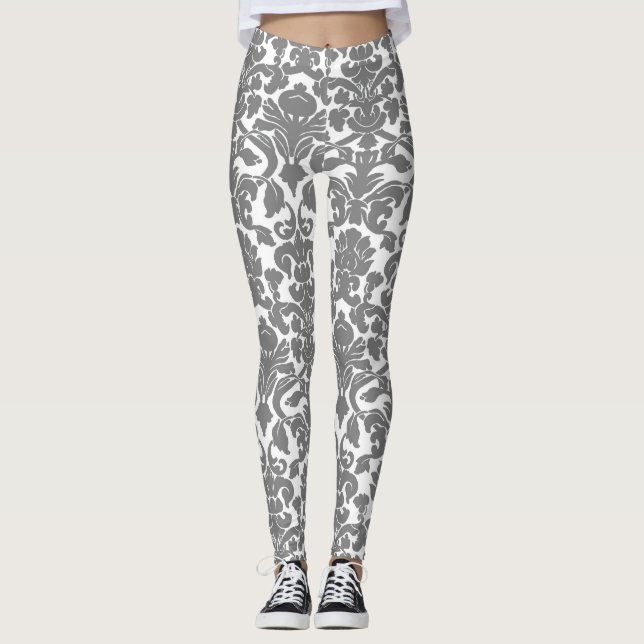 Light Grey Floral Ornate Damask Pattern Leggings (Front)