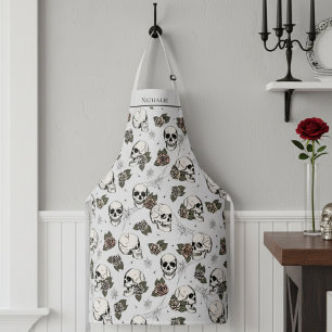 Light Grey Gothic Skulls and Roses Custom Name Apron