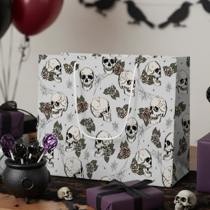 Light Grey Gothic Skulls and Roses Halloween Large Gift Bag