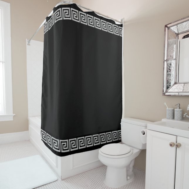 Light Grey Greek Pattern on Black Shower Curtain (In Situ)