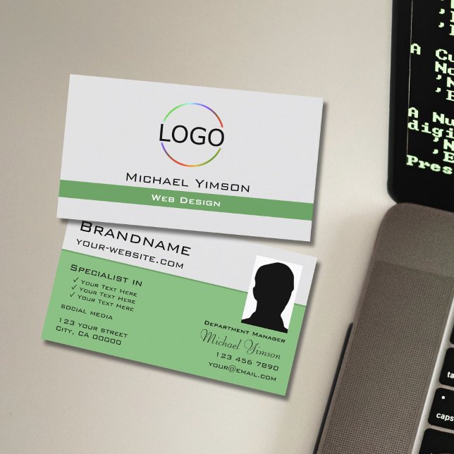 Light Grey Green with Logo and Photo Professional Business Card (Creator Uploaded)