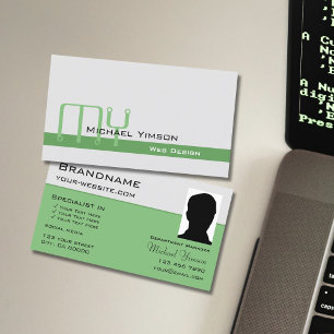 Light Grey Green with Monogram and Photo Classic Business Card