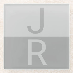 Light Grey & Grey Modern Initials Monogram Glass Coaster