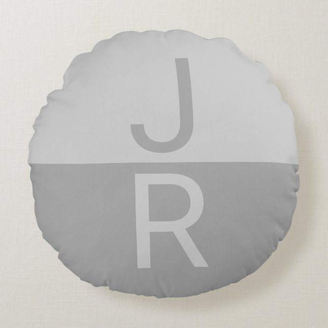 Light Grey & Grey Modern Initials Monogram Round Cushion (Front)