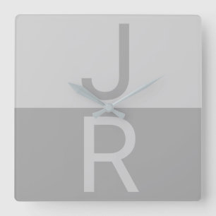 Light Grey & Grey Modern Initials Monogram Square Wall Clock
