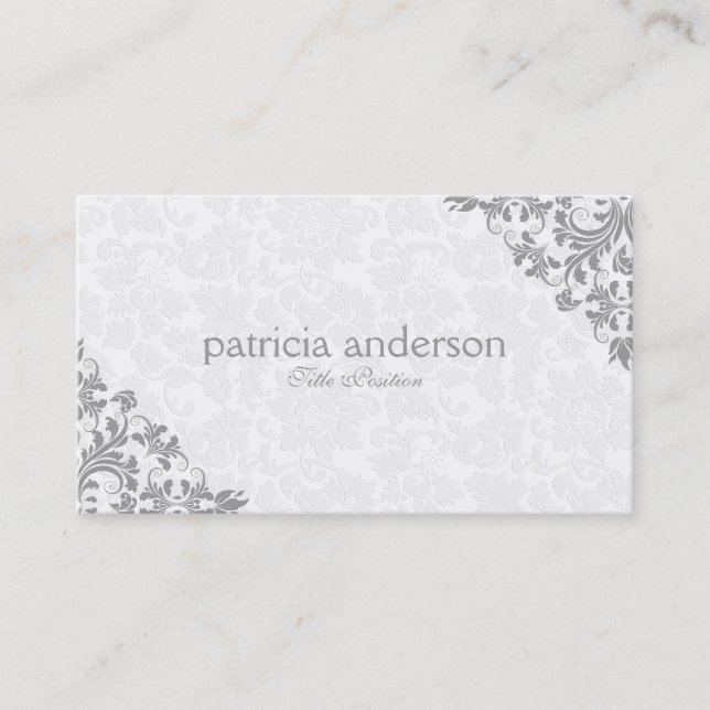 Light Grey Lace Plush White Damasks Business Card (Front)