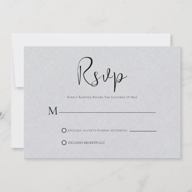 Light Grey Linen Simple Black Script RSVP Card (Front)