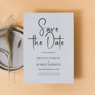 Light Grey linen Simple Black Script Save The Date Invitation