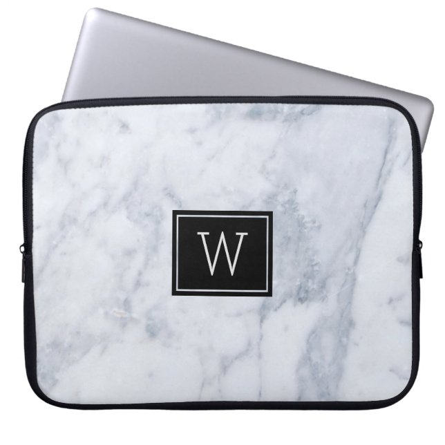 Light Grey Marble Stone Texture Black Accents Laptop Sleeve (Front)