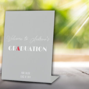Light grey minimalist white red graduation name pedestal sign