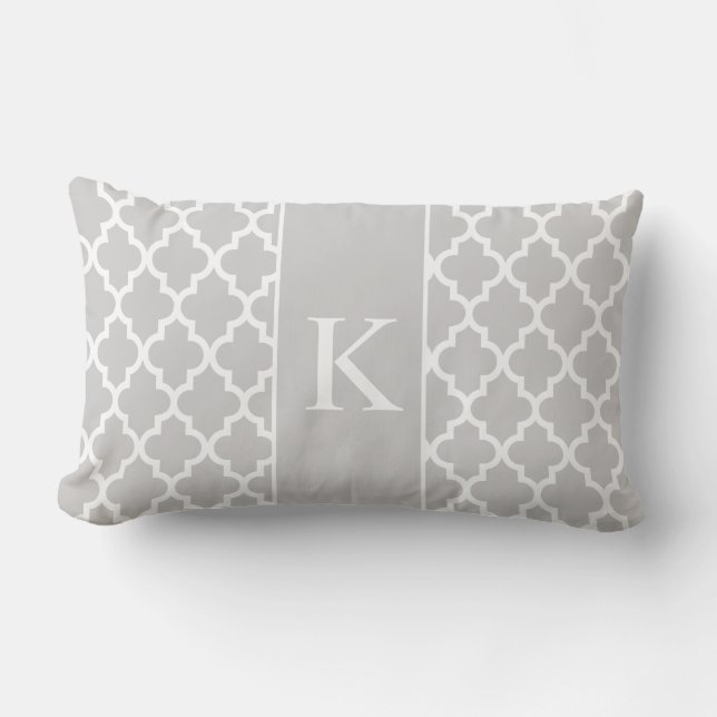 Light Grey Moroccan Custom Monogram Lumbar Cushion (Front)