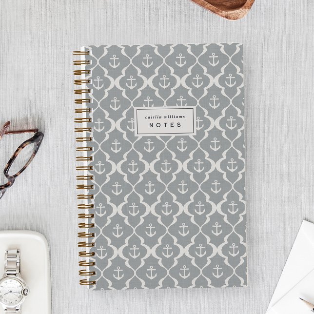 Light Grey Nautical Anchor Ogee Personalised Notebook (Creator Uploaded)