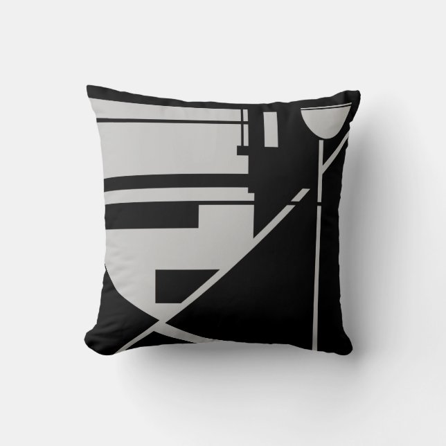 Light Grey on Black Geometric Abstract  Cushion (Front)