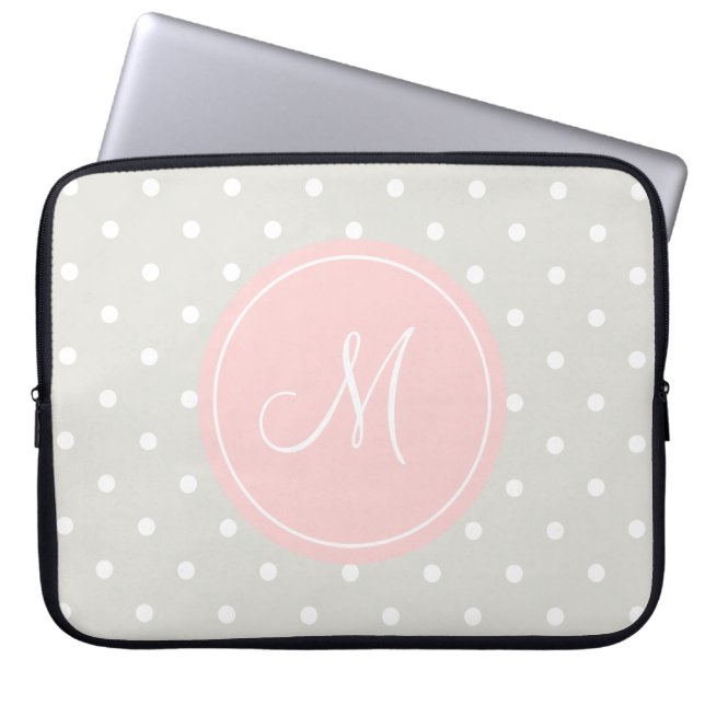 Light Grey Polka Dots Pink Custom Monogram Laptop Sleeve (Front)