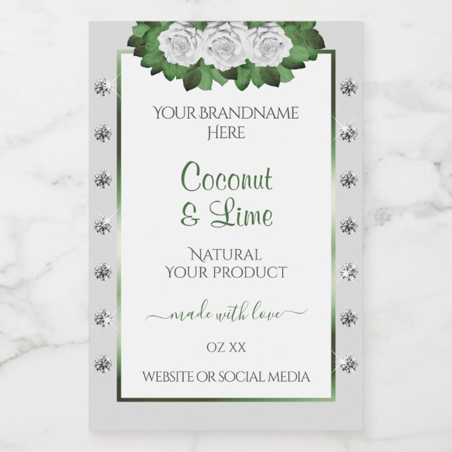 Light Grey Product Labels Green White Roses Jewels (Single Label)
