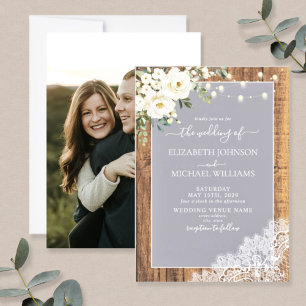 Light Grey Rustic Wood Script Lace Photo Wedding Invitation