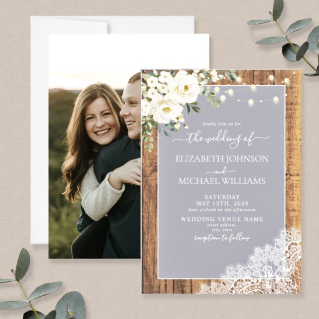 Light Grey Rustic Wood Script Lace Photo Wedding Invitation (Creator Uploaded)