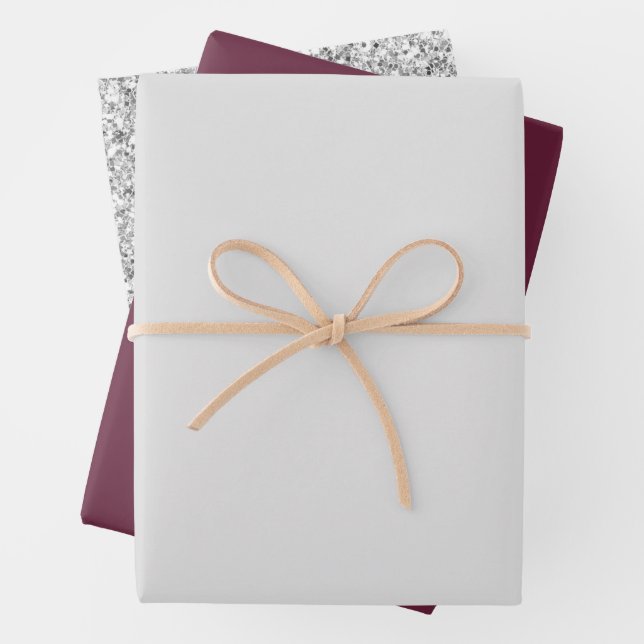 Light Grey Silver Glitter Burgundy Bridal Shower Wrapping Paper Sheet (In situ)
