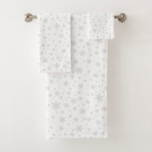 Light Grey Snowflakes on White Bath Towel Set
