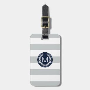 Light Grey Stripe with Navy Laurel Wreath Monogram Luggage Tag