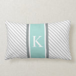 Light Grey Stripes & Mint Green Monogram Lumbar Cushion<br><div class="desc">Simple, elegant, modern and trendy stripe pattern or design for square Throw and Lumbar size Pillows or Cushions. Light Grey and white colour diagonal striped background with a contrasting Mint Green colour block and white monogram or initial in a preppy font. Click the ‘Customise it’ button to personalise your gift...</div>