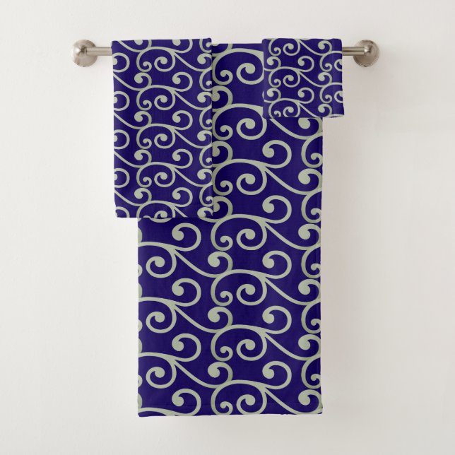 Light Grey Swirl Vector Pattern on Navy Blue Bath Towel Set (Insitu)