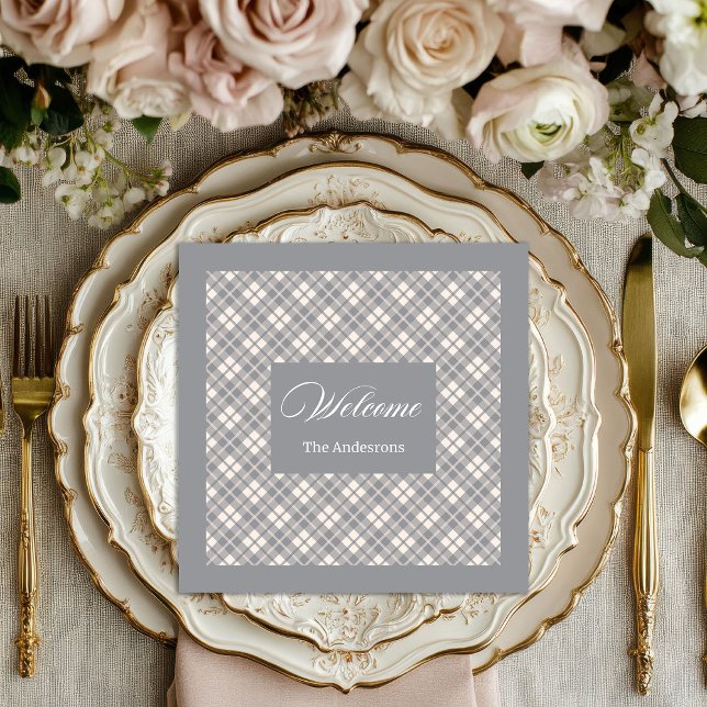 Light Grey Tartan Napkins Personalised Modern Set (Light Grey Tartan Napkins Personalized Modern Set )