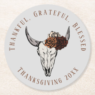 Light Grey Western Cow Skull Thanksgiving Paper Round Paper Coaster