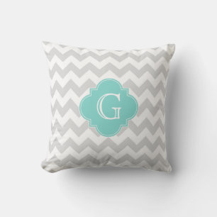 Light Grey White Chevron Aqua Quatrefoil Monogram Cushion