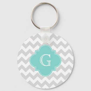 Light Grey White Chevron Aqua Quatrefoil Monogram Key Ring