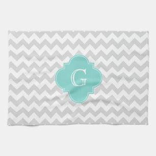 Light Grey White Chevron Aqua Quatrefoil Monogram Tea Towel