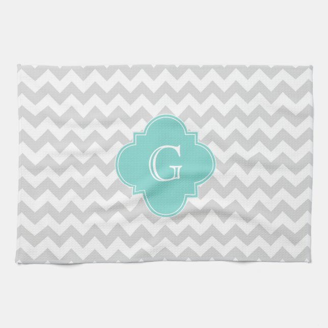 Light Grey White Chevron Aqua Quatrefoil Monogram Tea Towel (Horizontal)