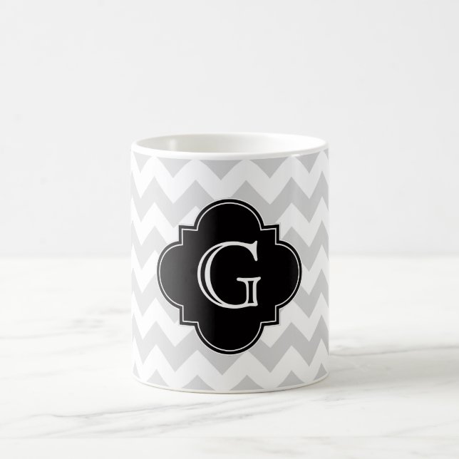 Light Grey White Chevron Black Quatrefoil Monogram Coffee Mug (Center)