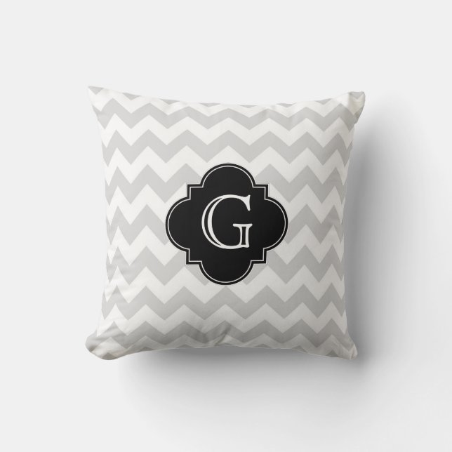 Light Grey White Chevron Black Quatrefoil Monogram Cushion (Front)