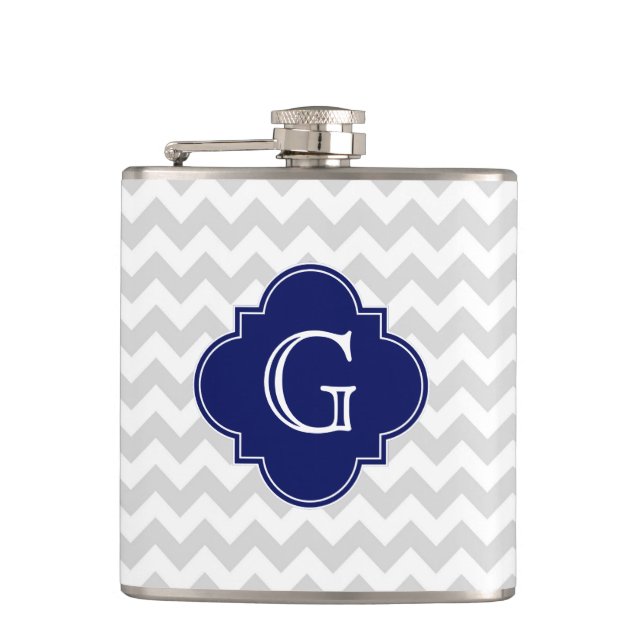 Light Grey White Chevron Navy Quatrefoil Monogram Hip Flask (Front)