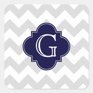 Light Grey White Chevron Navy Quatrefoil Monogram Square Sticker