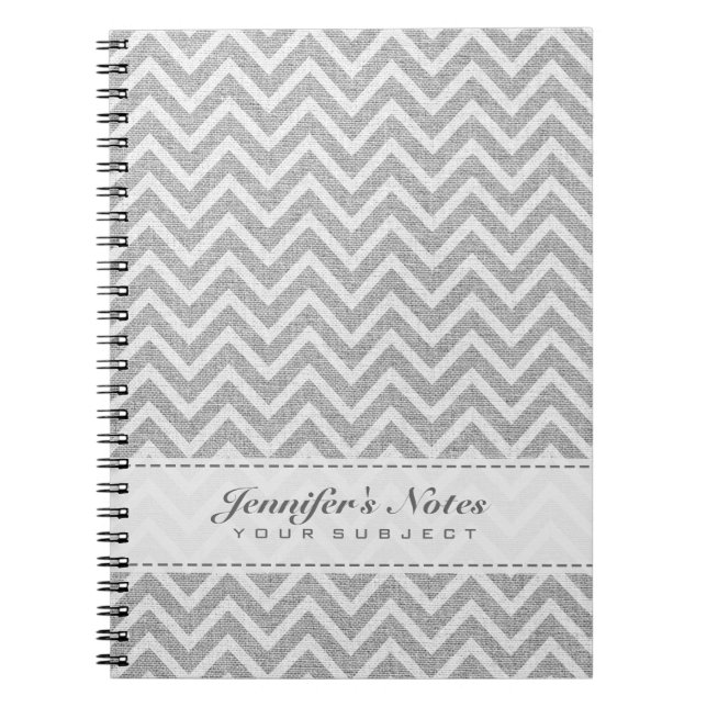 Light Grey & White Chevron Pattern Linen Look Spiral Notebook (Front)
