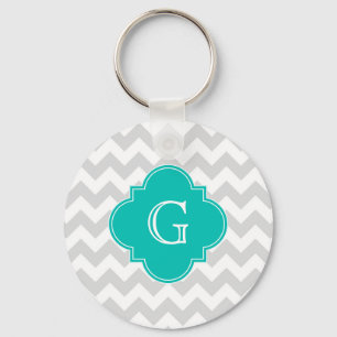 Light Grey White Chevron Teal Quatrefoil Monogram Key Ring
