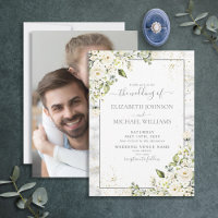 Light Grey White Floral Gold Marble Photo Wedding