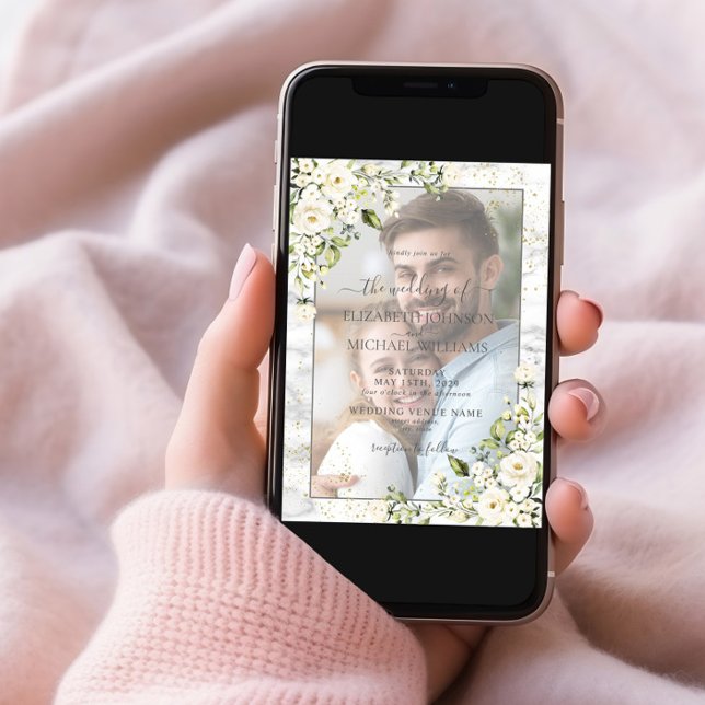 Light Grey White Floral Gold Marble Photo Wedding Invitation (Creator Uploaded)