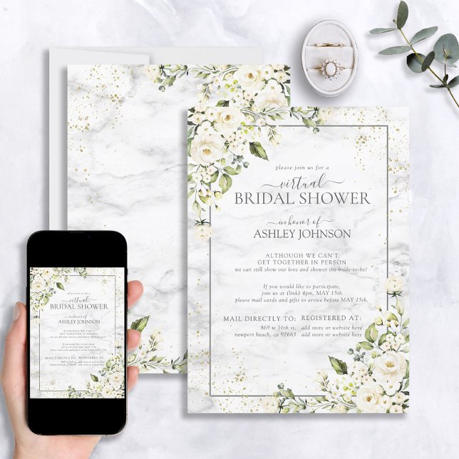 Light Grey White Floral Gold Marble Virtual Shower Invitation (Creator Uploaded)