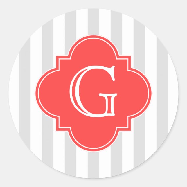 Light Grey White Stripes Coral Red Monogram Label (Front)