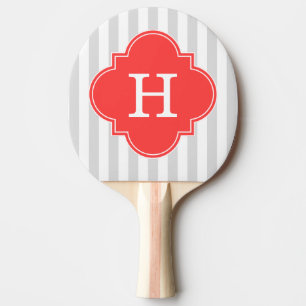 Light Grey White Stripes Coral Red Monogram Label Ping Pong Paddle