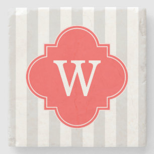 Light Grey White Stripes Coral Red Monogram Label Stone Coaster