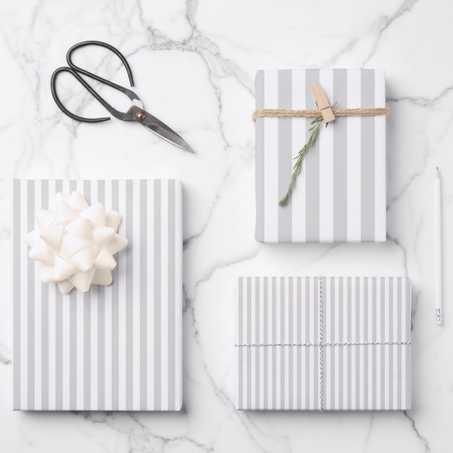 Light Grey & White Stripes Wrapping Paper Sheet (Front)