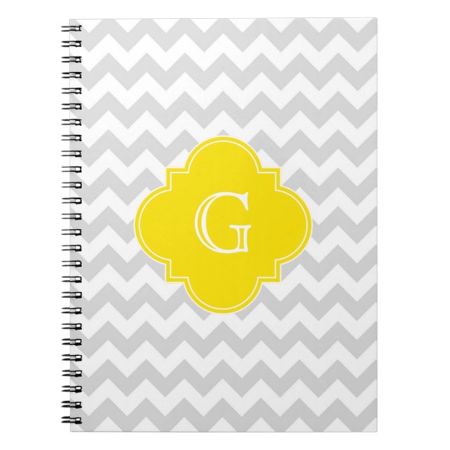 Light Grey Wht Chevron Yellow Quatrefoil Monogram Spiral Notebook (Front)